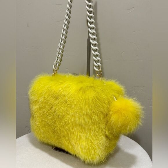 Yellow Handmade Luxury Real Fox Fur Shoulder Bag/Crossbody & Fox Fur Ball Charm - Picture 6 of 17